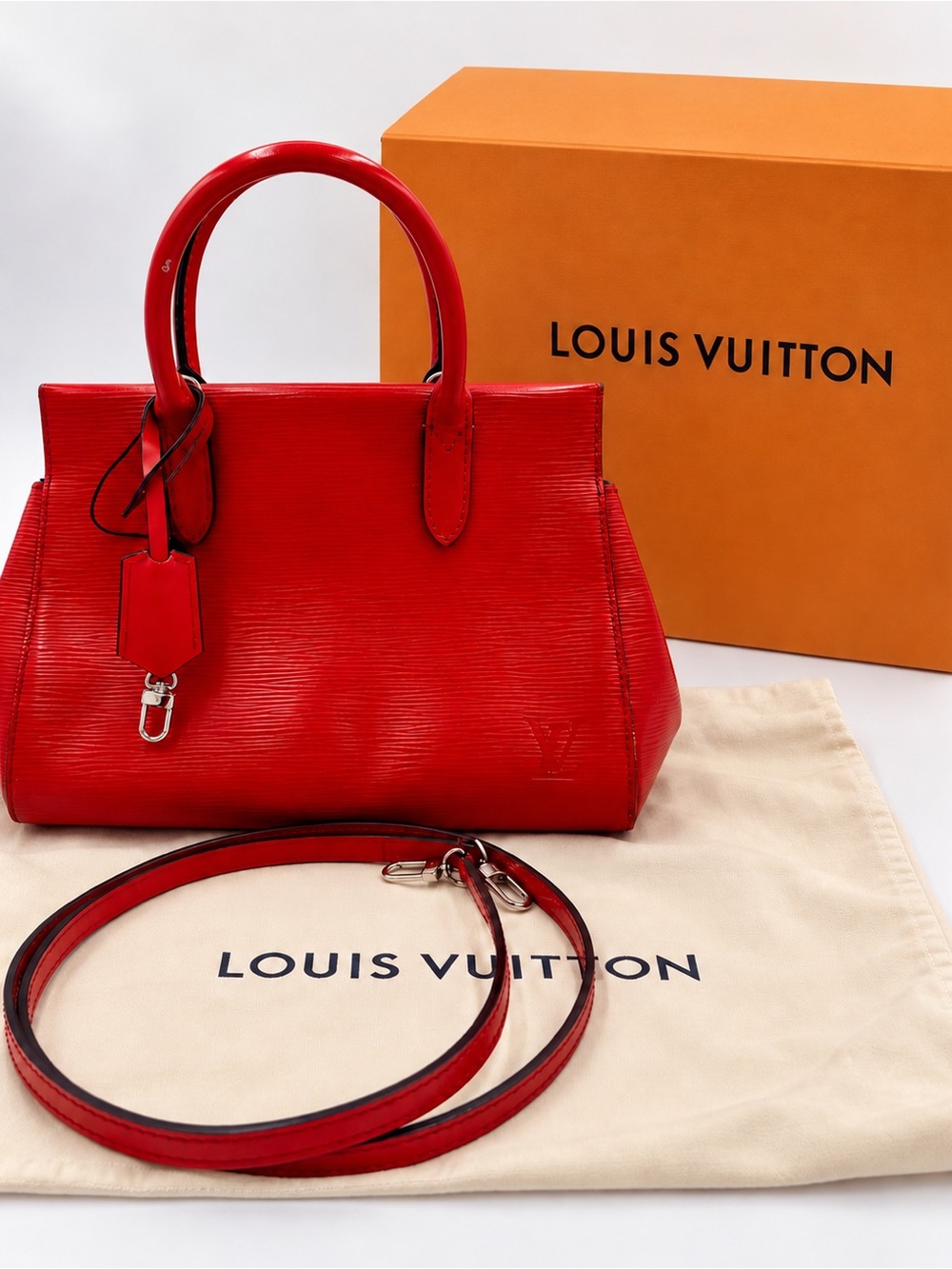 Authentic Louis Vuitton Coquelicot Red Epi Marly BB Handbag Crossbody Bag 2Way